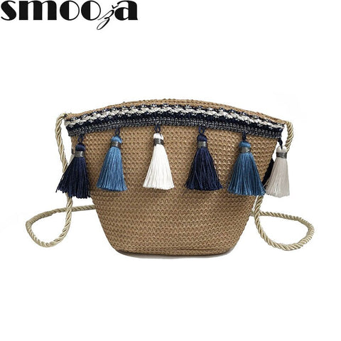 SMOOZA straw bags for Women Weaving Tassel Shoulder Bag