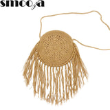SMOOZA Straw Bag Popular Summer Cotton Rope Hollow Tassel Tote Women Knitting Net Bag